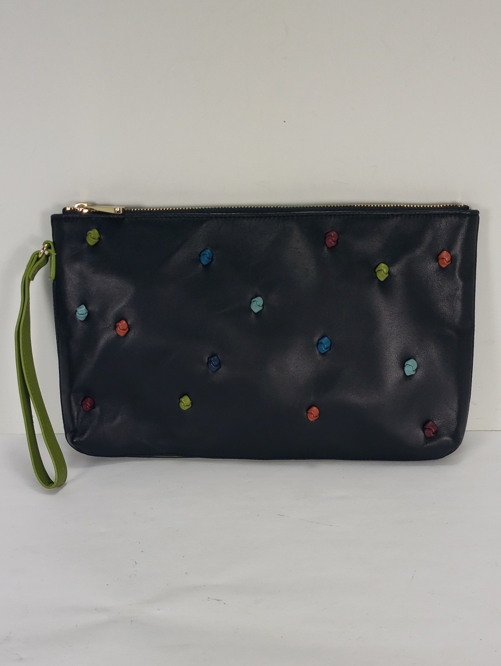 TEHRA & B BLACK LEATHER MULTICOLOR SIGNATURE KNOTS WRISTLET CLUTCH HANDBAG PURSE